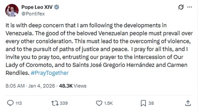 Pope Warns of Escalating Tensions in Venezuela as US Forces Capture Maduro