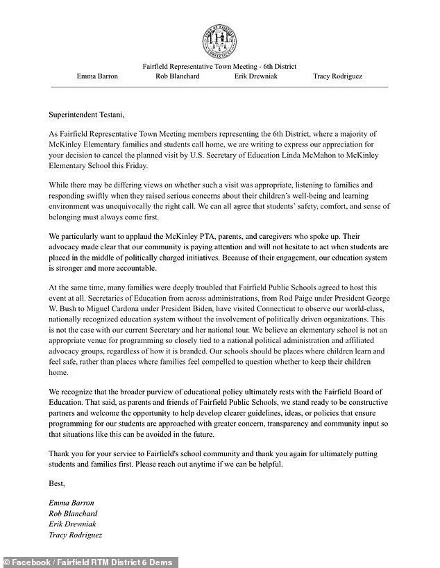 Connecticut School Cancels Visit by Education Secretary Linda McMahon Amid Parental and Representative Backlash