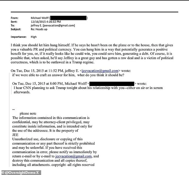 Trump Threatens Legal Action Against Epstein's Estate and Michael Wolff, Citing Emails Suggesting Conspiracy to Undermine His 2016 Campaign