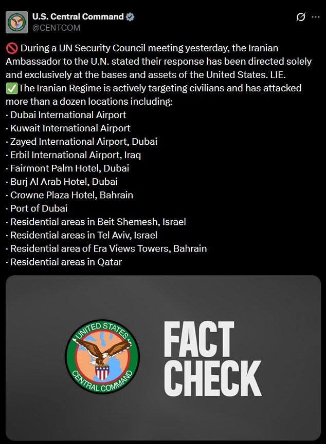 US Central Command Condemns Iran's Deception Over Civilian Targets in UN Meeting