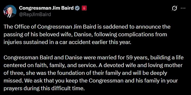 Congressman Jim Baird's Wife Dies After Car Accident; Family Honors 59-Year Marriage