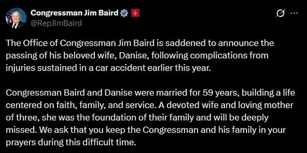 Congressman Jim Baird's Wife Dies After Car Accident; Family Honors 59-Year Marriage