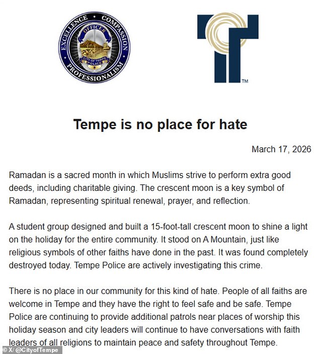 Islamic Crescent Moon Vandalized in Tempe Amid Ramadan: City Condemns Hate Crime
