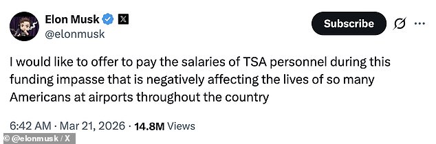 Elon Musk Offers to Pay TSA Workers During Government Shutdown-Linked Airport Delays